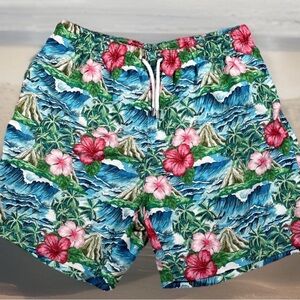 Franks Maui Mens Hawaiian Floral Print Lined Swim Trunks.